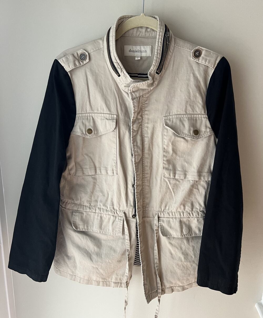 Daniel Rainn Women's Cargo Utility Jacket Tan Black Color Block Tie Waist Snap M